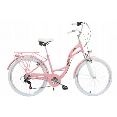 Dámsky retro bicykel 26" Lavida Mahbike 7-prevodový hlinikový rám 18" Ružová, biele kolesá